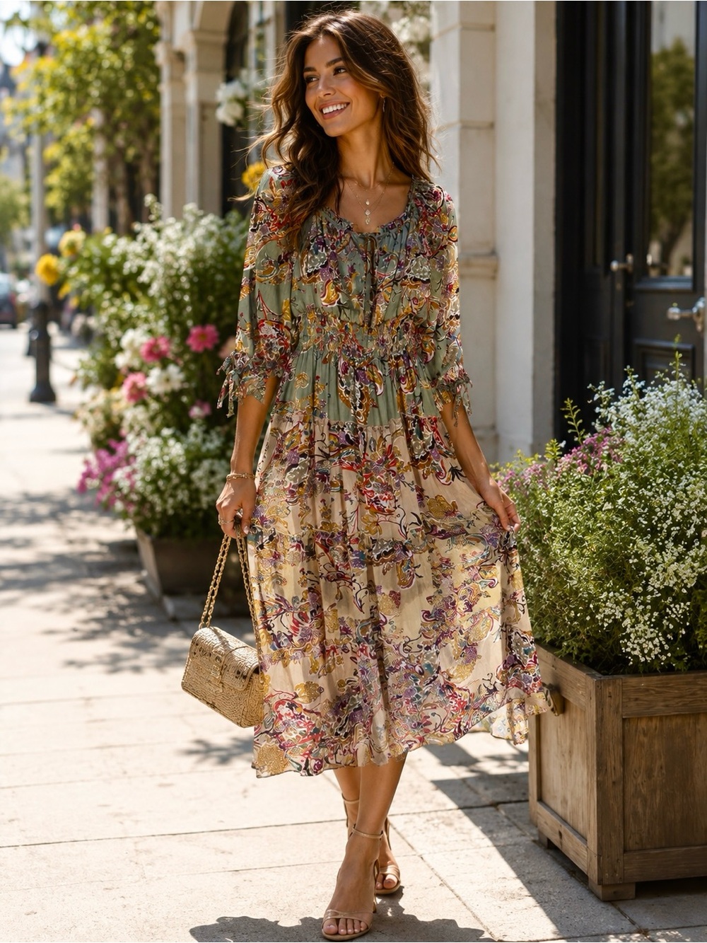 Lady Noiz Floral Midi Dress in Green paisley print detail with Ties on wrists